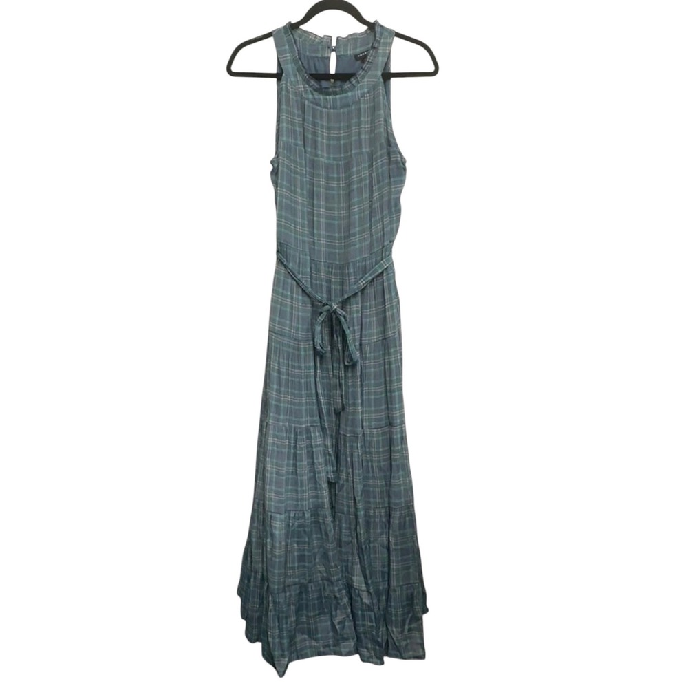 Torrid Size 00 Blue Plaid Maxi Dress Sleeveless Tiered Tie Waist Boho Cottage